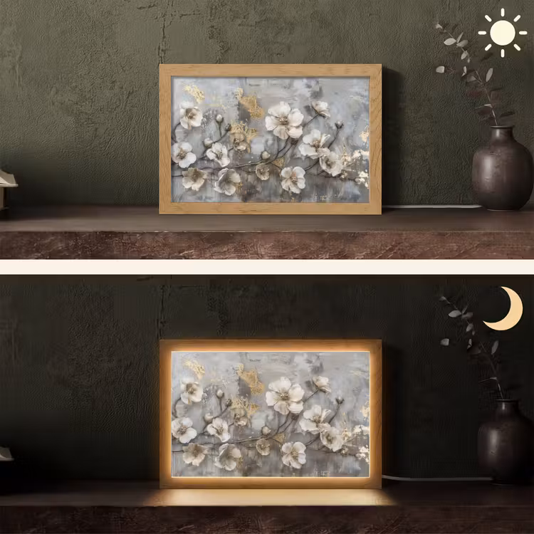 Bloemen - Wit - Grijs - Goud - Luxe Light Box met kabel (Tafellamp) klein -sfeer3