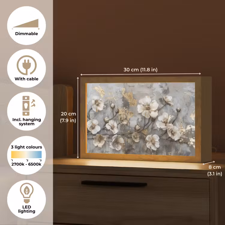 Bloemen - Wit - Grijs - Goud - Luxe Light Box met kabel (Tafellamp) klein -USP_EN