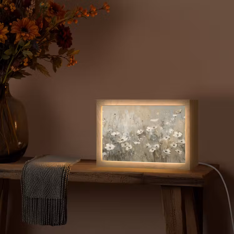 Bloemen - Wit - Natuur - Grijs - Modern Light Box met kabel (Tafellamp) klein -sfeer4