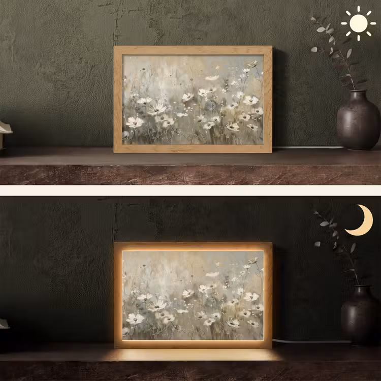 Bloemen - Wit - Natuur - Grijs - Modern Light Box met kabel (Tafellamp) klein -sfeer3