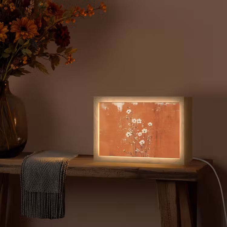 Bloemen - Wit - Subtiel - Roestkleur Light Box met kabel (Tafellamp) klein -sfeer4