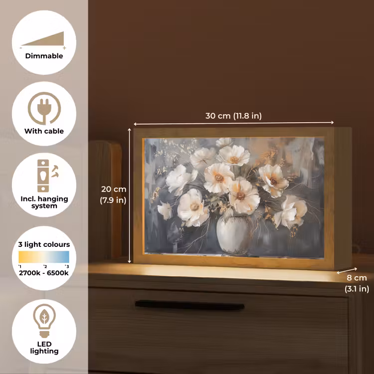Bloemen - Wit - Vaas - Modern Light Box met kabel (Tafellamp) klein -USP_EN