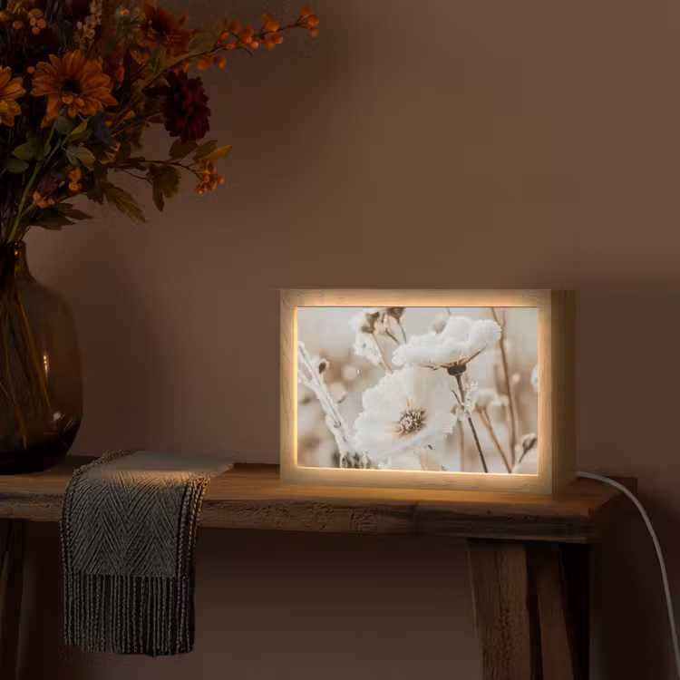 Bloemen - Winter - Wit - Sneeuw - Beige Light Box met kabel (Tafellamp) klein -sfeer4