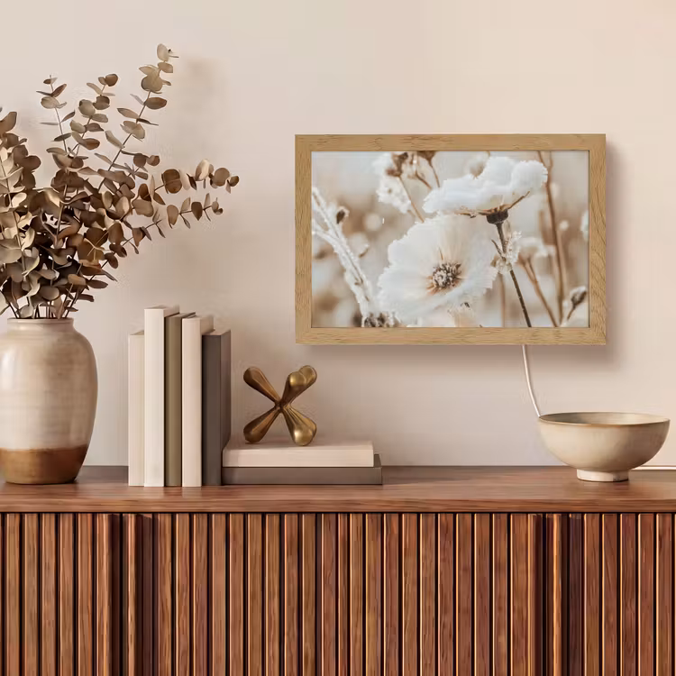 Bloemen - Winter - Wit - Sneeuw - Beige Light Box met kabel (Tafellamp) klein -sfeer2