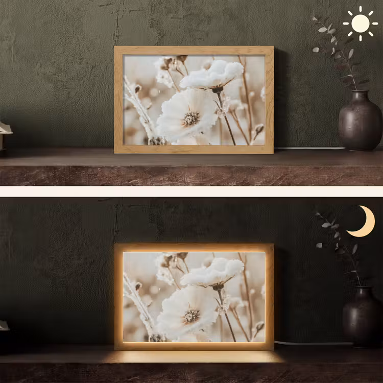 Bloemen - Winter - Wit - Sneeuw - Beige Light Box met kabel (Tafellamp) klein -sfeer3