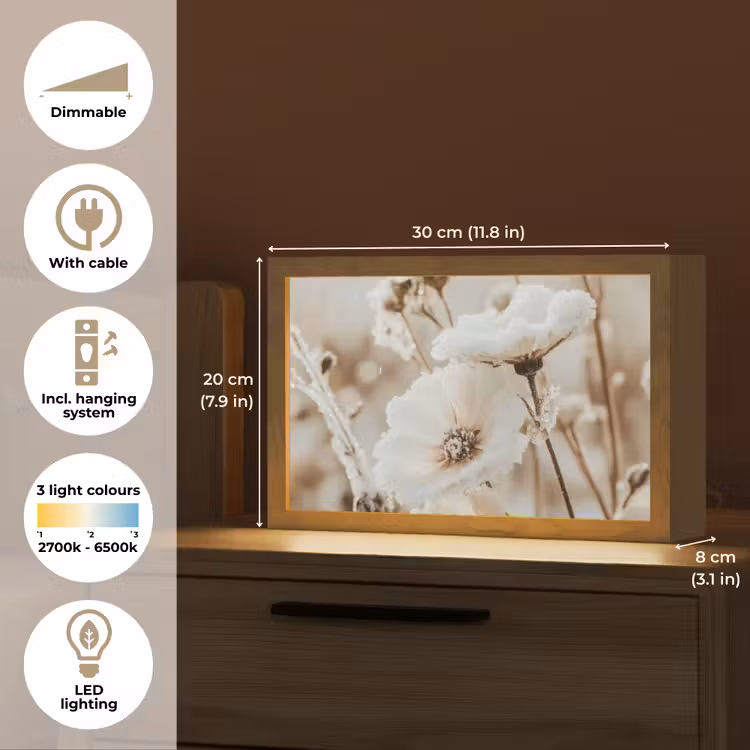 Bloemen - Winter - Wit - Sneeuw - Beige Light Box met kabel (Tafellamp) klein -USP_EN