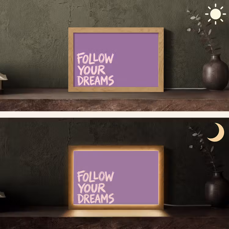 Follow your dreams - Paars - Penseeltextuur Light Box met kabel (Tafellamp) klein -sfeer3