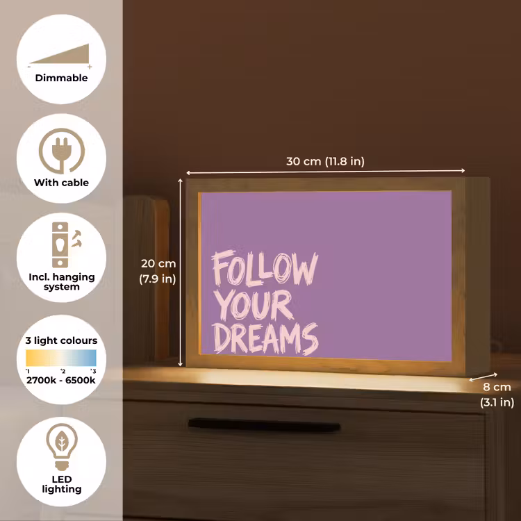 Follow your dreams - Paars - Penseeltextuur Light Box met kabel (Tafellamp) klein -USP_EN