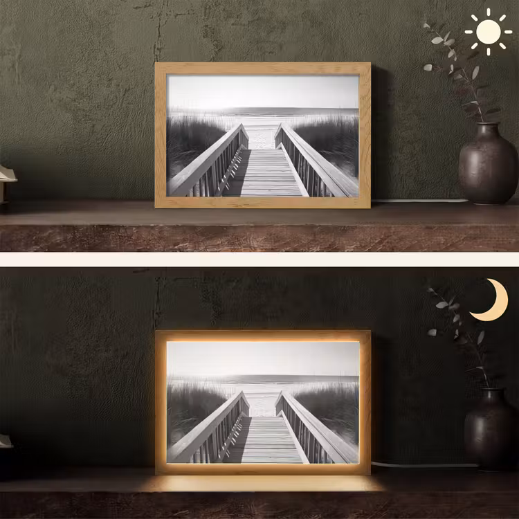 Loopbrug - Hout - Strand - Zee Light Box met kabel (Tafellamp) klein -sfeer3