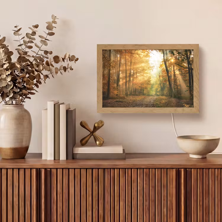 Bos - Herfst - Zon - Landschap - Natuur - Bomen - Bladeren Light Box met kabel (Tafellamp) klein -sfeer2
