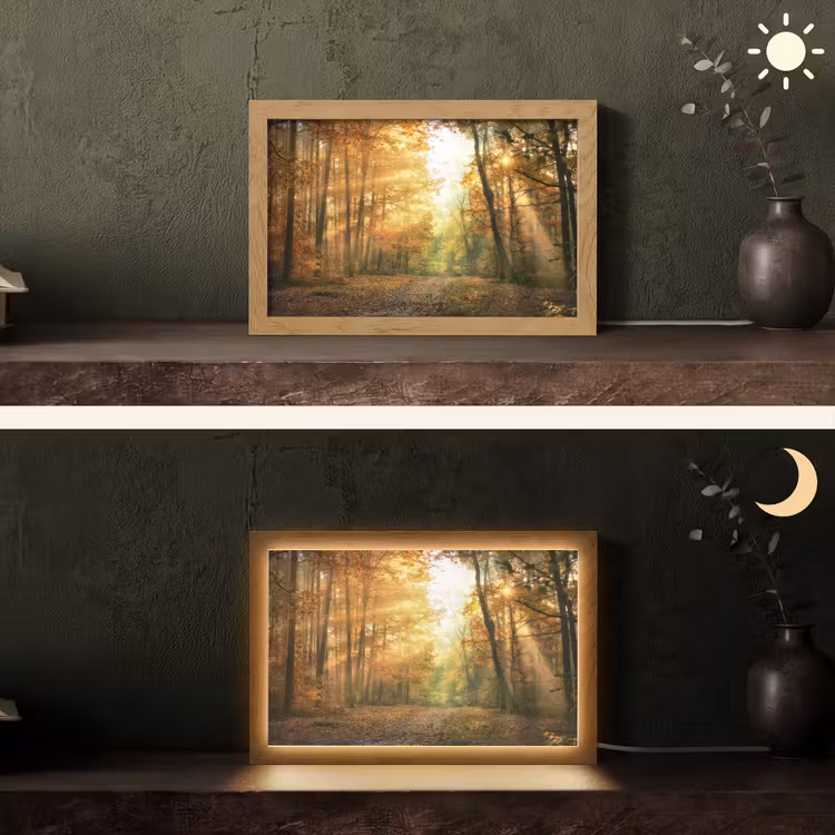 Bos - Herfst - Zon - Landschap - Natuur - Bomen - Bladeren Light Box met kabel (Tafellamp) klein -sfeer3