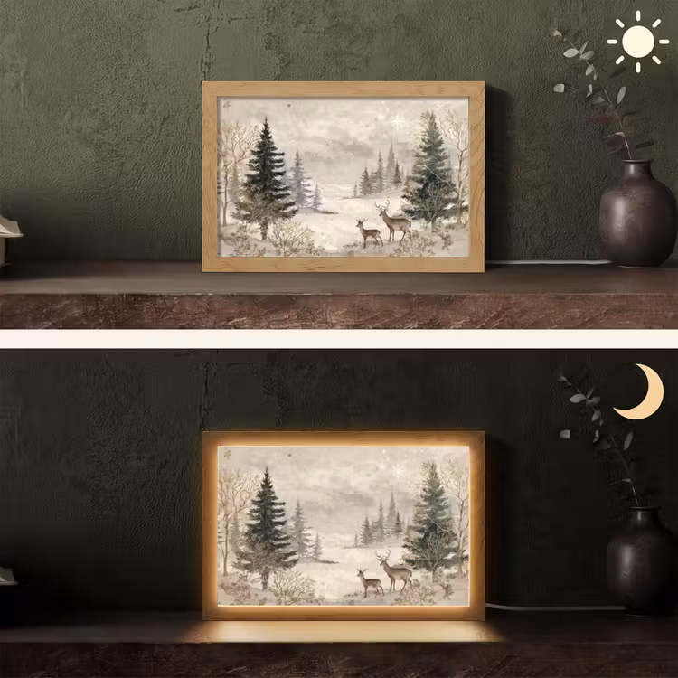 Bos - Herten - Winter - Sneeuw Light Box met kabel (Tafellamp) klein -sfeer3
