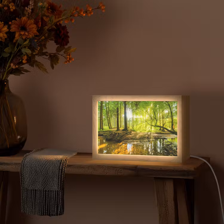 Bos - Landschap - Water - Bomen - Zon - Groen - Natuur Light Box met kabel (Tafellamp) klein -sfeer4