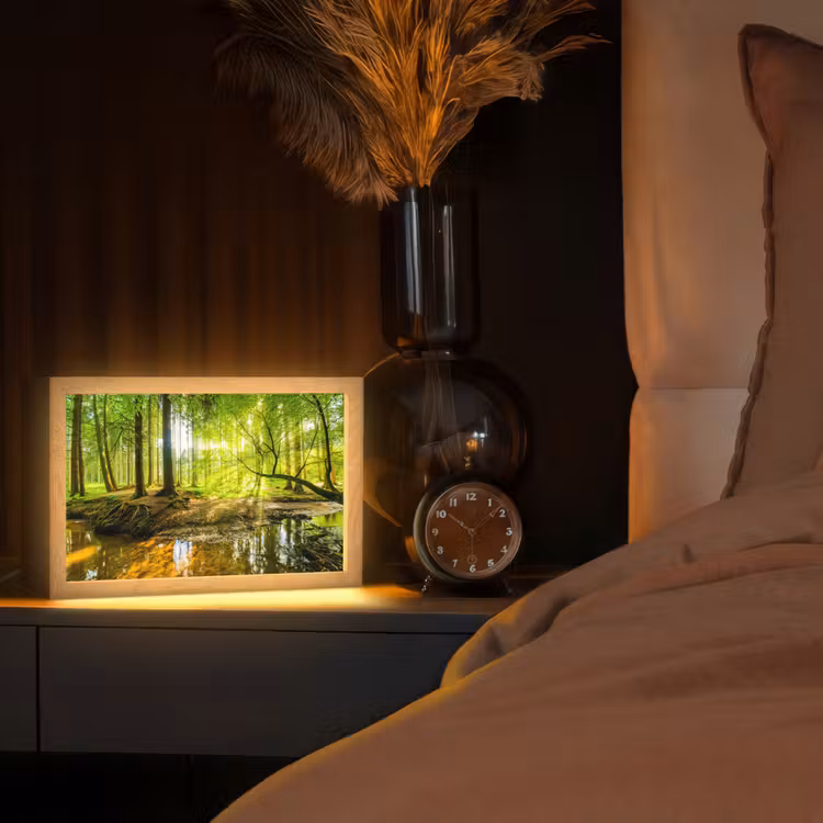 Bos - Landschap - Water - Bomen - Zon - Groen - Natuur Light Box met kabel (Tafellamp) klein -sfeer1