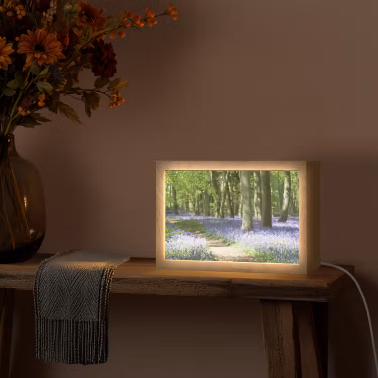 Bos - Pad - Bloemen - Paars - Groen - Natuur Light Box met kabel (Tafellamp) klein -sfeer4