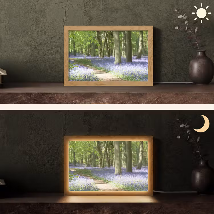 Bos - Pad - Bloemen - Paars - Groen - Natuur Light Box met kabel (Tafellamp) klein -sfeer3