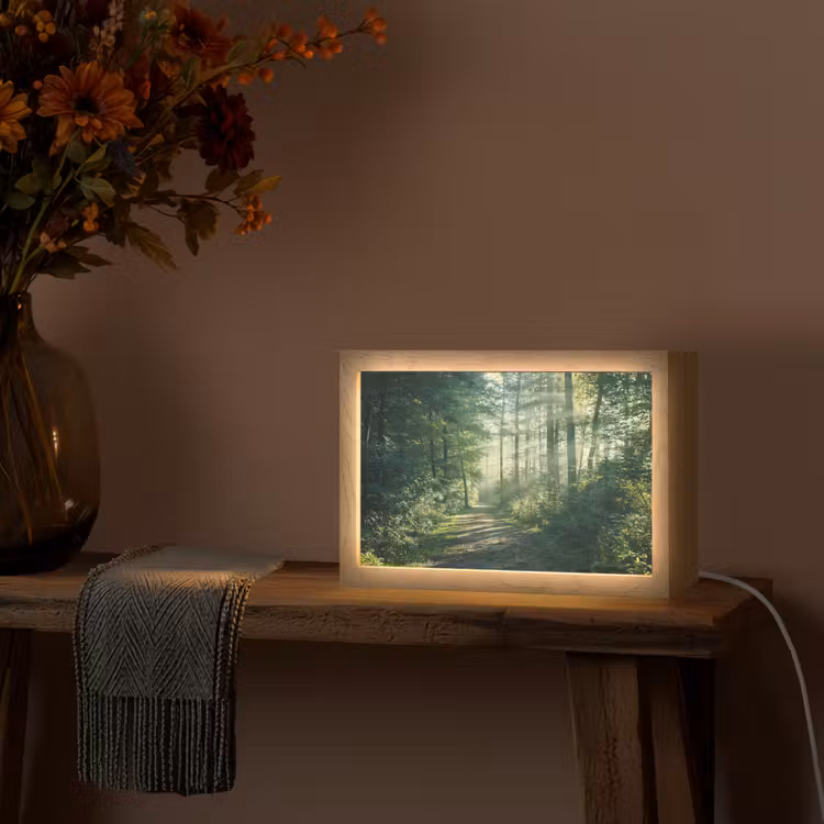 Bos - Pad - Zon - Bomen - Groen - Natuur Light Box met kabel (Tafellamp) klein -sfeer4
