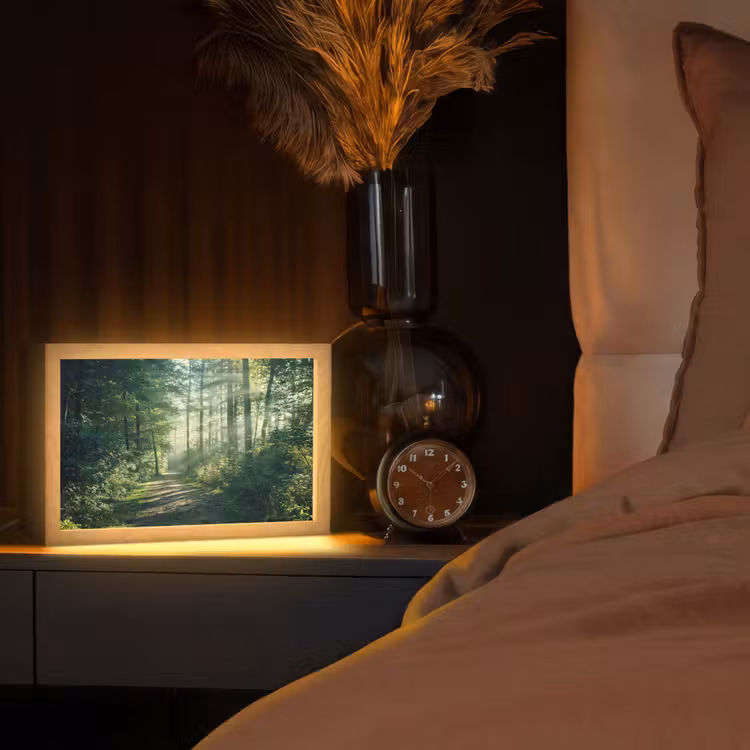 Bos - Pad - Zon - Bomen - Groen - Natuur Light Box met kabel (Tafellamp) klein -sfeer1