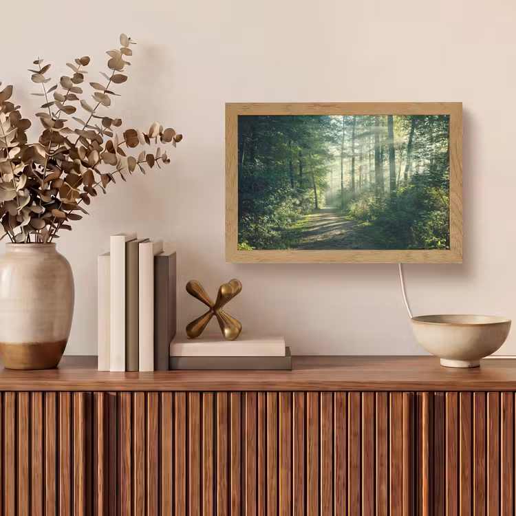 Bos - Pad - Zon - Bomen - Groen - Natuur Light Box met kabel (Tafellamp) klein -sfeer2