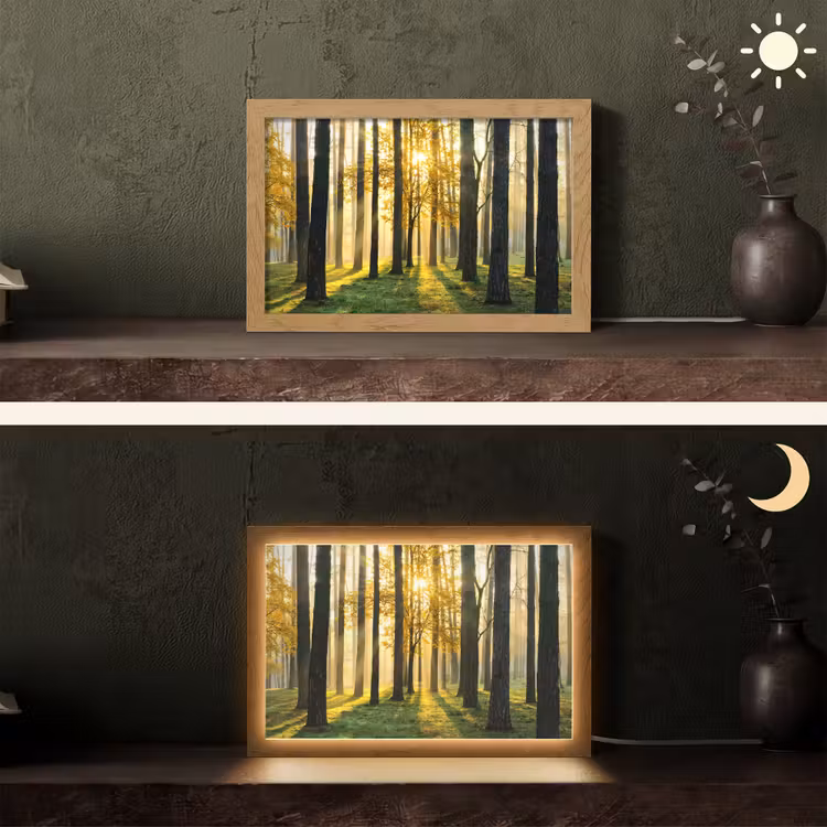 Bos - Zon - Bomen - Gras - Landschap - Natuur Light Box met kabel (Tafellamp) klein -sfeer3