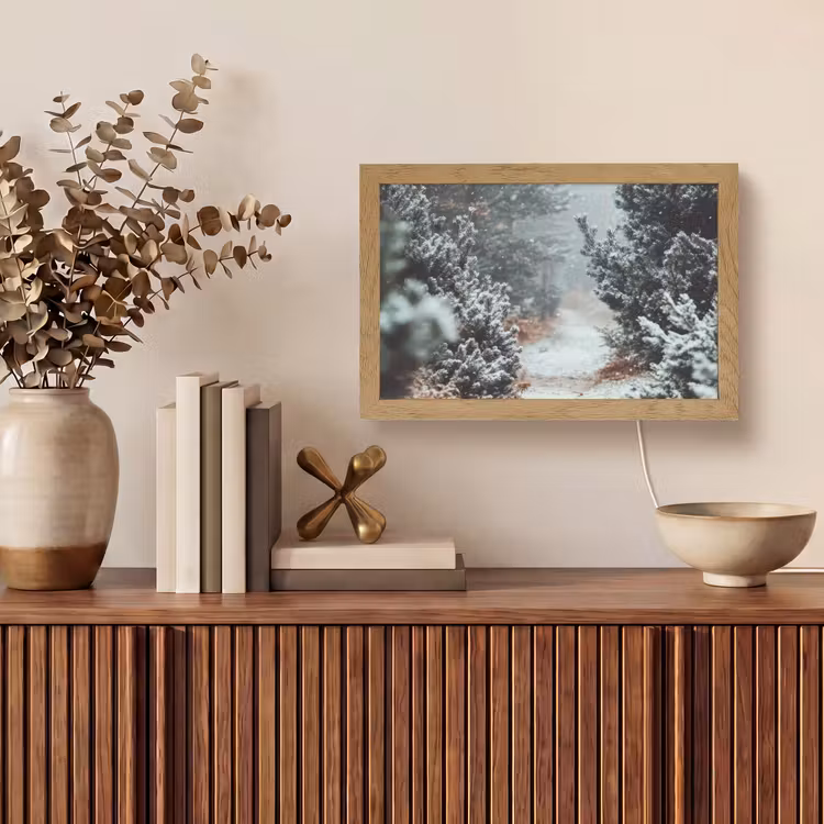 Bos - Winter - Bomen - Natuur - Pad - Sneeuw Light Box met kabel (Tafellamp) klein -sfeer2