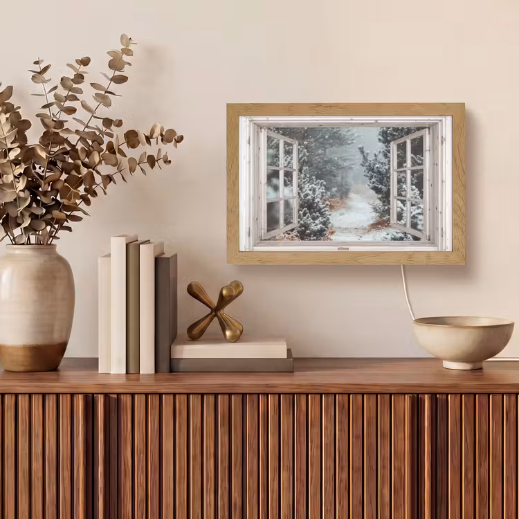 Bos - Winter - Bomen - Natuur - Pad - Doorkijk - Wit Light Box met kabel (Tafellamp) klein -sfeer2
