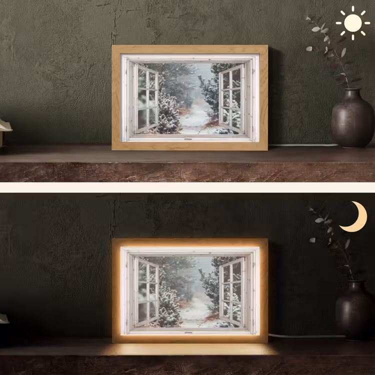 Bos - Winter - Bomen - Natuur - Pad - Doorkijk - Wit Light Box met kabel (Tafellamp) klein -sfeer3