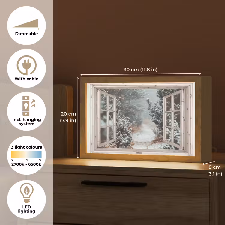 Bos - Winter - Bomen - Natuur - Pad - Doorkijk - Wit Light Box met kabel (Tafellamp) klein -USP_EN