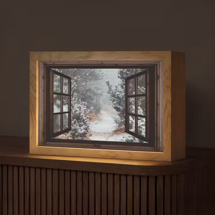 Bos - Winter - Bomen - Natuur - Pad - Doorkijk Light Box met kabel (Tafellamp) klein -z3d_website