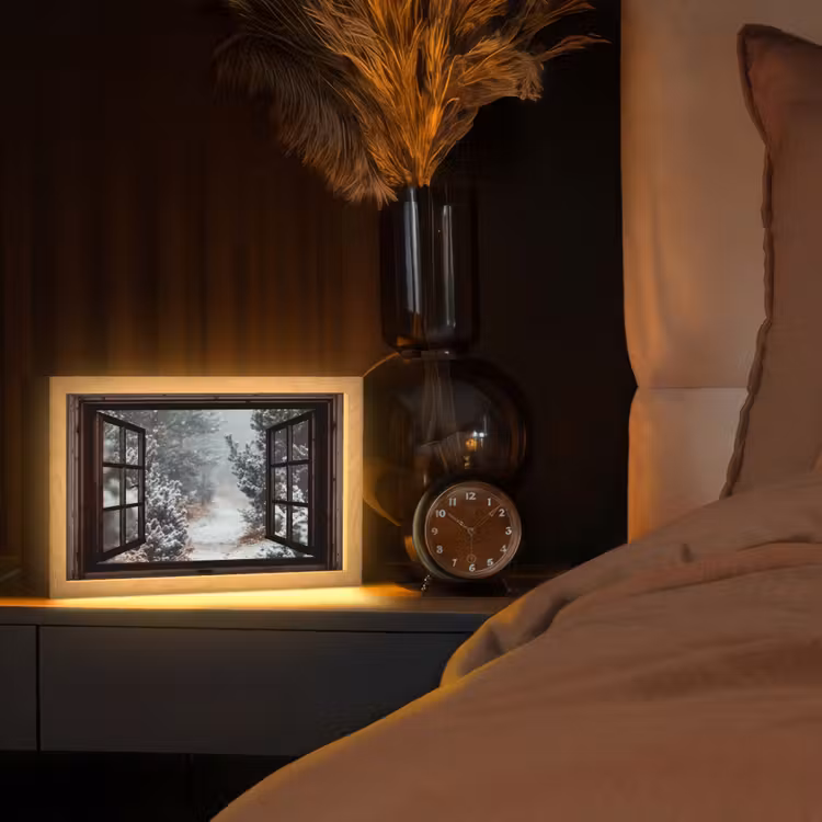 Bos - Winter - Bomen - Natuur - Pad - Doorkijk Light Box met kabel (Tafellamp) klein -sfeer1
