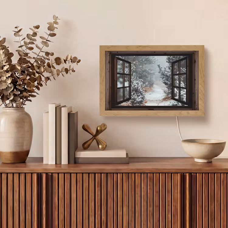 Bos - Winter - Bomen - Natuur - Pad - Doorkijk Light Box met kabel (Tafellamp) klein -sfeer2