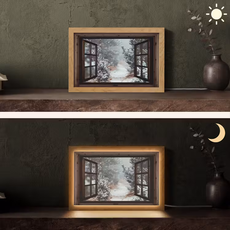 Bos - Winter - Bomen - Natuur - Pad - Doorkijk Light Box met kabel (Tafellamp) klein -sfeer3