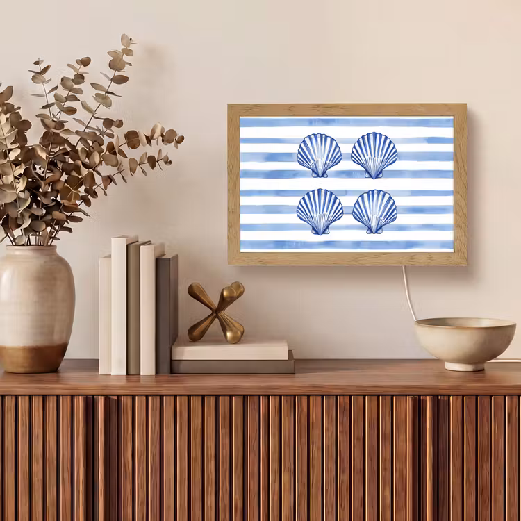 Vier schelpen - Blauw - Wit - Strepen Light Box met kabel (Tafellamp) klein -sfeer2