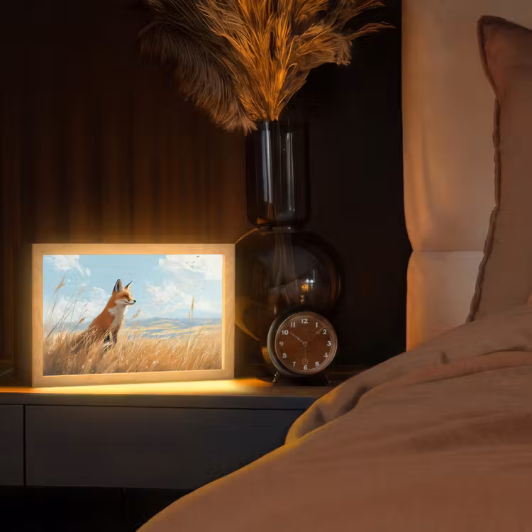 Vos - Gras - Wolken - Oranje Light Box met kabel (Tafellamp) klein -sfeer1