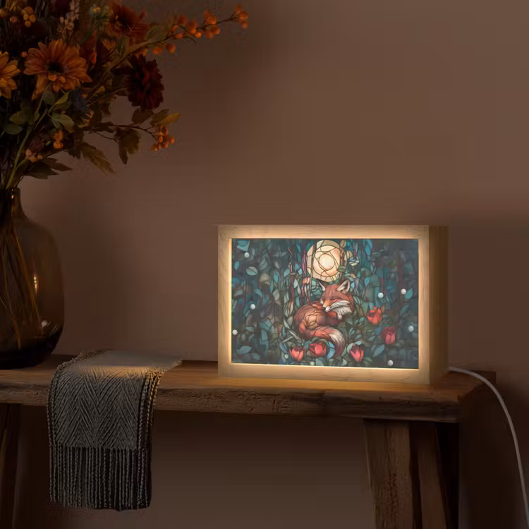 Vos - Mozaïek - Bos - Maan Light Box met kabel (Tafellamp) klein -sfeer4