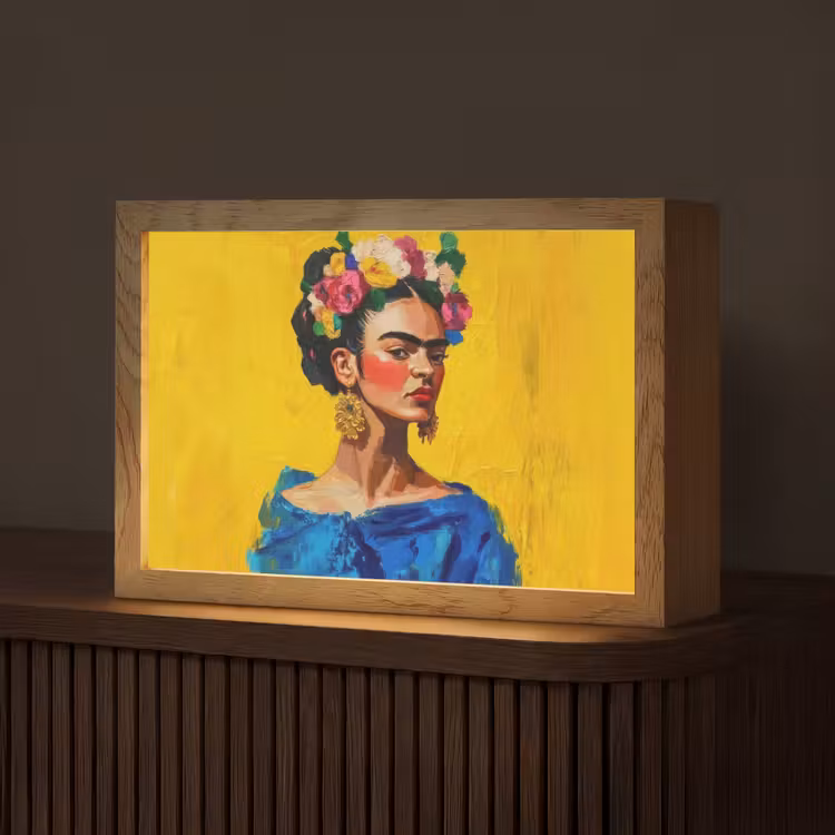 Frida Kahlo - Vrouw - Geel - Blauw - Bloemen Light Box met kabel (Tafellamp) klein -z3d_website