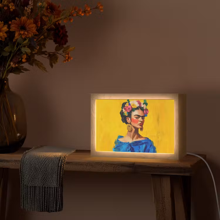 Frida Kahlo - Vrouw - Geel - Blauw - Bloemen Light Box met kabel (Tafellamp) klein -sfeer4