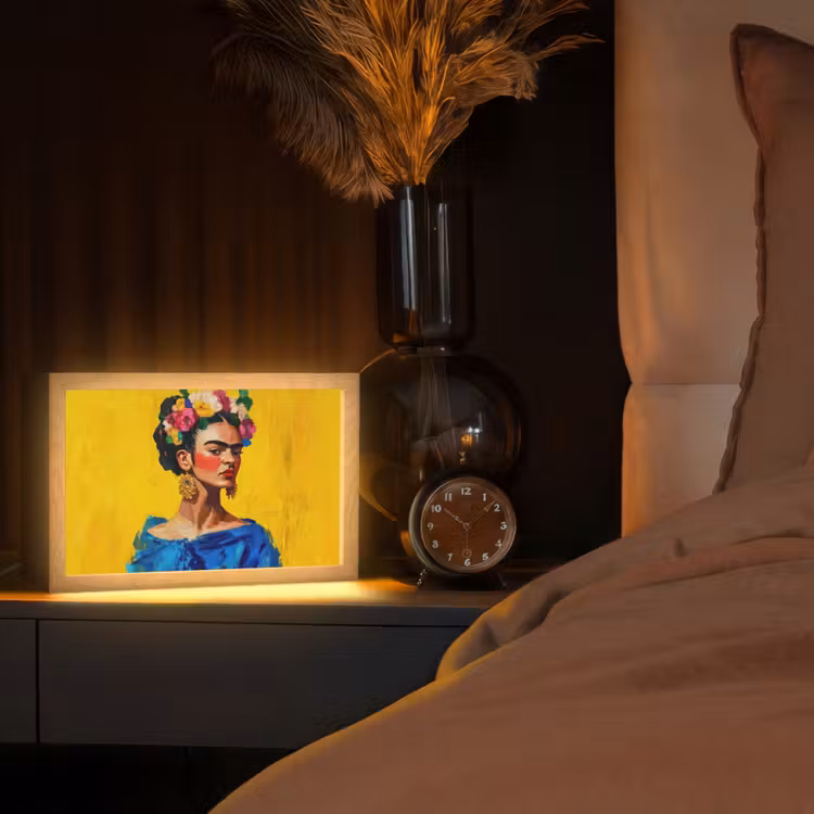 Frida Kahlo - Vrouw - Geel - Blauw - Bloemen Light Box met kabel (Tafellamp) klein -sfeer1