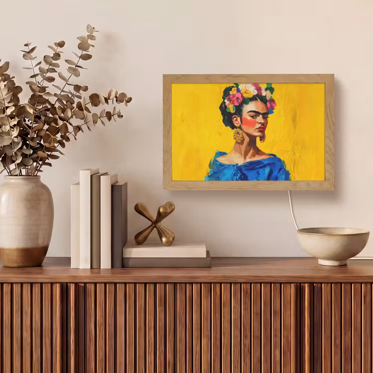 Frida Kahlo - Vrouw - Geel - Blauw - Bloemen Light Box met kabel (Tafellamp) klein -sfeer2