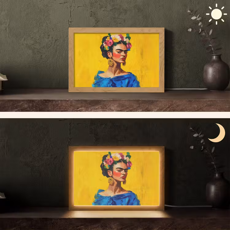 Frida Kahlo - Vrouw - Geel - Blauw - Bloemen Light Box met kabel (Tafellamp) klein -sfeer3