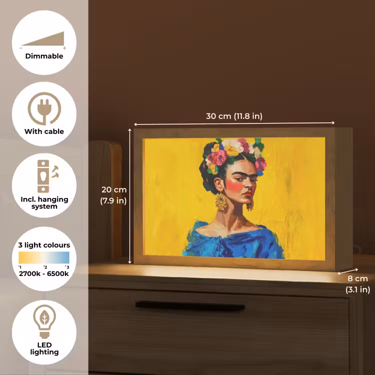 Frida Kahlo - Vrouw - Geel - Blauw - Bloemen Light Box met kabel (Tafellamp) klein -USP_EN