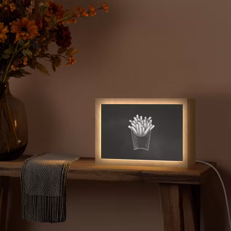 Friet - Witte krijttekening - Zwart Light Box met kabel (Tafellamp) klein -sfeer4