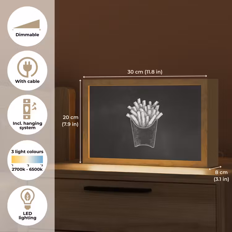Friet - Witte krijttekening - Zwart Light Box met kabel (Tafellamp) klein -USP_EN