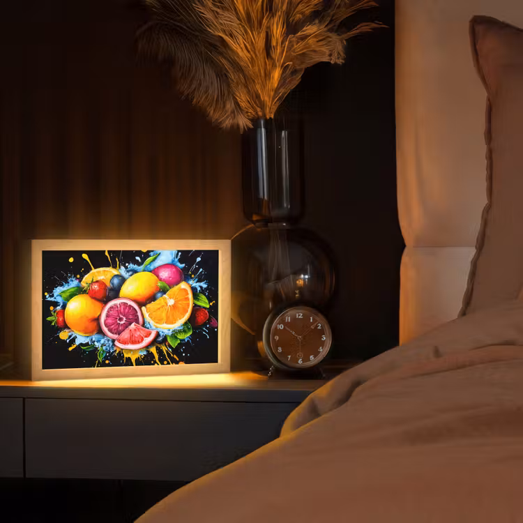 Fruit - Graffiti - Kleurrijk - Sinaasappel - Aardbei - Abstract Light Box met kabel (Tafellamp) klein -sfeer1