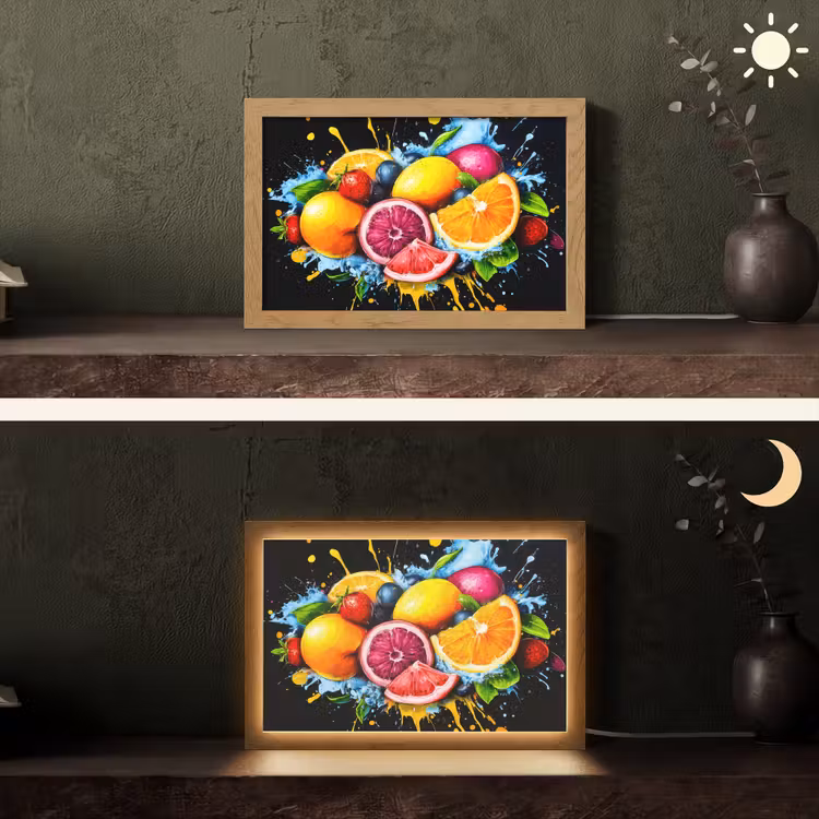 Fruit - Graffiti - Kleurrijk - Sinaasappel - Aardbei - Abstract Light Box met kabel (Tafellamp) klein -sfeer3