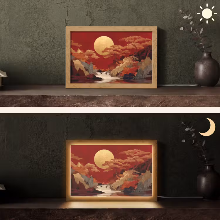 Volle maan - Landschap - Waterval Light Box met kabel (Tafellamp) klein -sfeer3