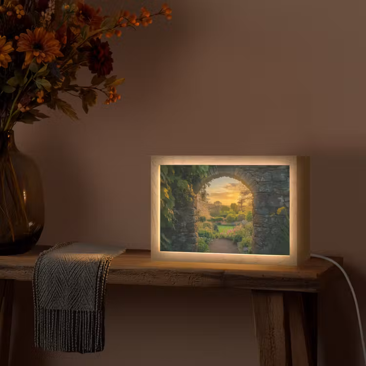 Poort - Planten - Zonsondergang Light Box met kabel (Tafellamp) klein -sfeer4