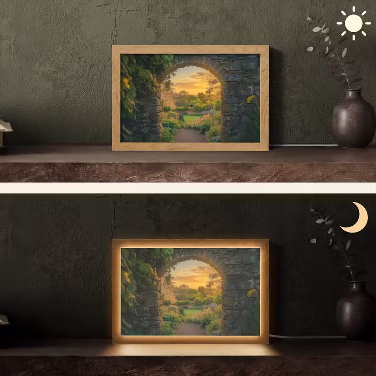 Poort - Planten - Zonsondergang Light Box met kabel (Tafellamp) klein -sfeer3