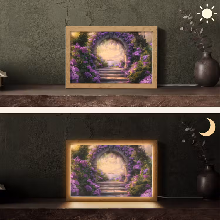 Poort - Paars - Bloemen Light Box met kabel (Tafellamp) klein -sfeer3