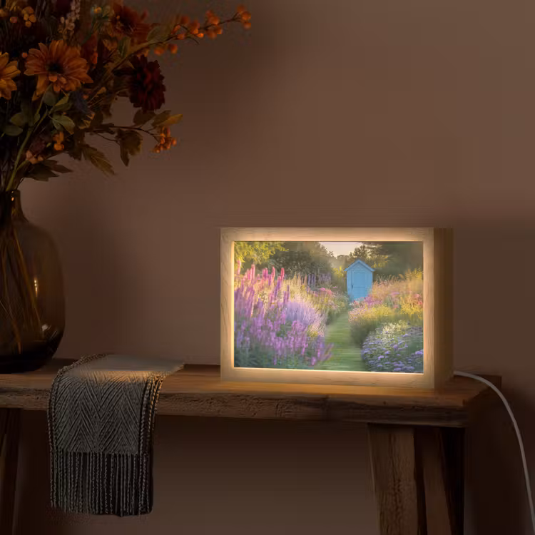Tuinhuisje - Blauw - Bloemen Light Box met kabel (Tafellamp) klein -sfeer4
